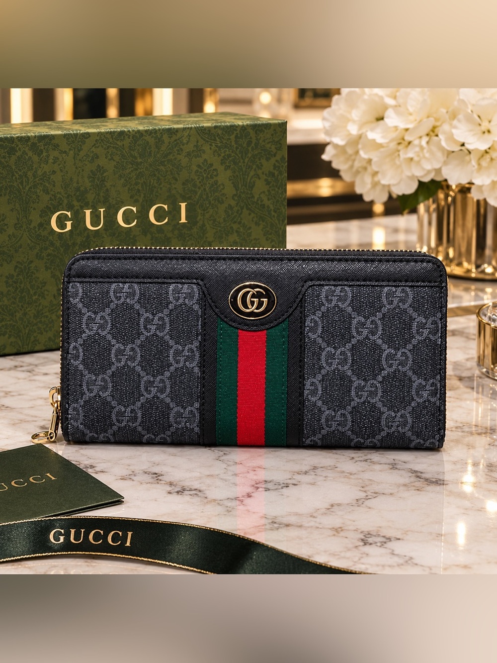 Black Canvas Zip Wallet with Green and Red Web